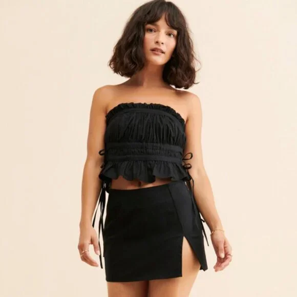 Free People Black Gabby Crop Tube Womens Top Smocked Ruched Side Tie Size Large - Picture 5 of 5